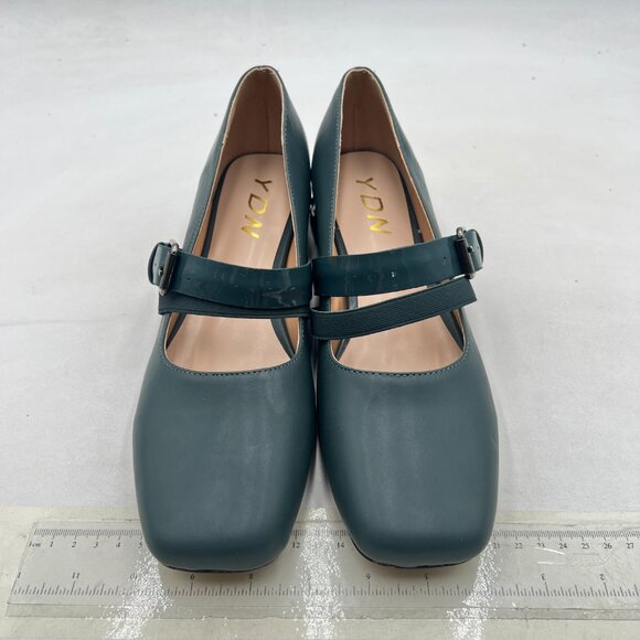 YDN Teal Pumps Elastic Mary Jane Studded Block Low Heel Square Toe Buckle Shoe - Picture 3 of 8